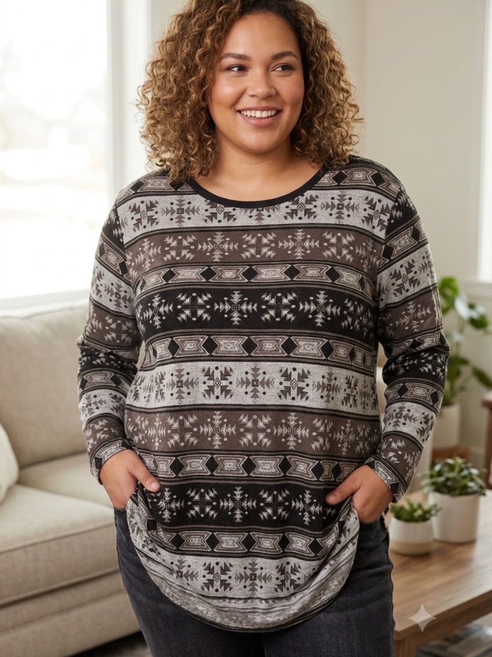 Bobbie Brooks Plus-Size Crewneck Sweater in Black & Brown Pattern